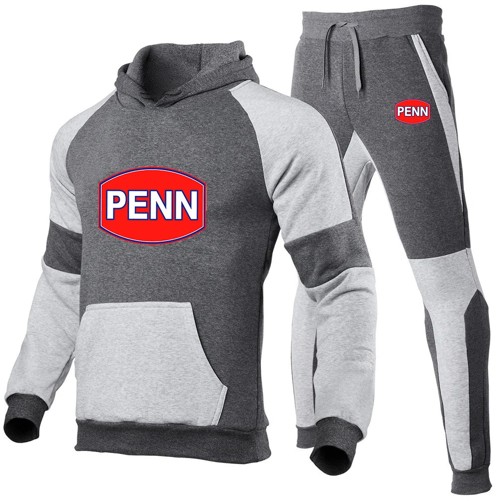 Penn Fishing Reel 2023 Men New Sets Spring and Autumn Brand Popular Print Fashion Color Matching Hoodie + Pants Two-piece Set