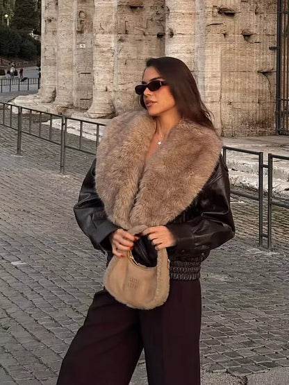 HH Women 2026 New Fashion Vintage Faux Fur Collar Jackets Long Sleeve Faux Leather Jacket Autumn High Street Lady Chic Outwear