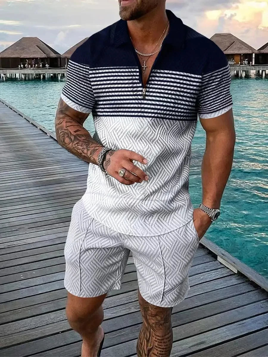 Completo estivo vintage casual a righe con stampa 3D, composto da polo, polo con cerniera e colletto, pantaloncini con cerniera, stile vacanze hawaiane da uomo.