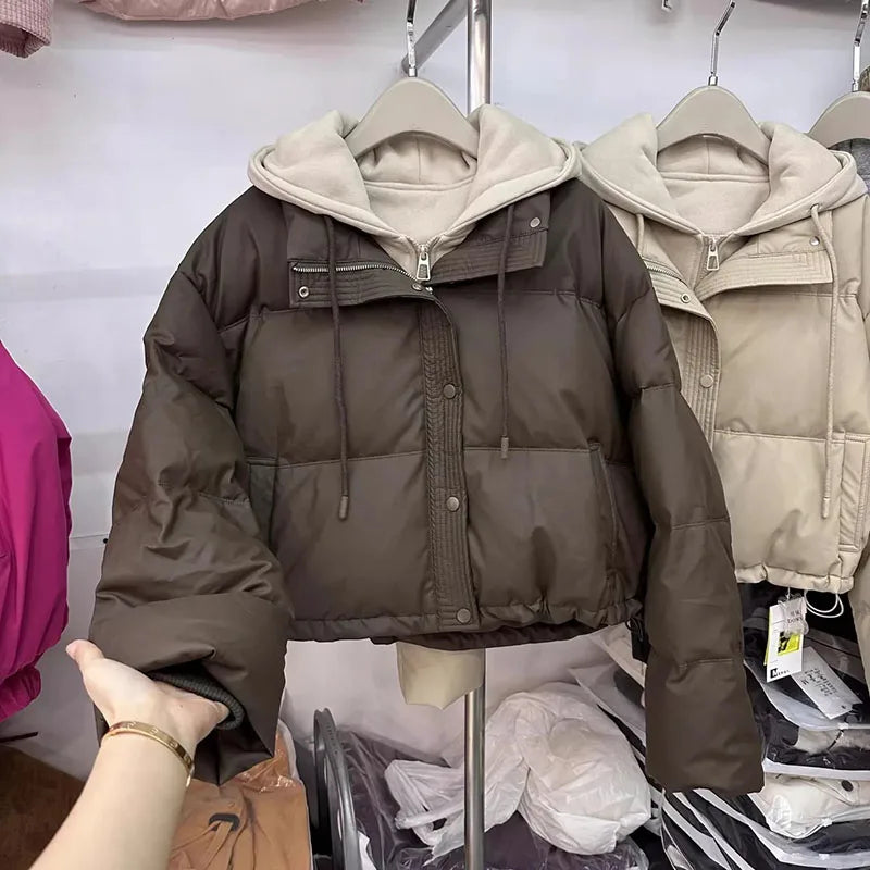 Autumn Winter New Fake Two Pieces Splicing Cotton Jacket Women Cotton-Padded Thick Warm Parkas Short Coat Female Casual Lady Top