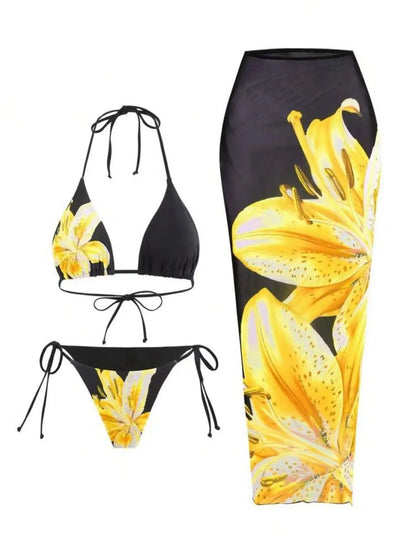 Costume da bagno a tre pezzi con stampa sexy Charms Lilies, set bikini in edizione limitata, attraente, sensuale, alla moda, abbigliamento femminile.