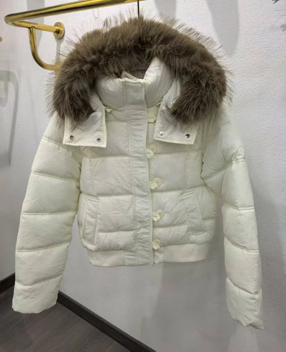 High-end off-white hooded fur collar cotton women's 2025 new winter Korean style versatile thickened warm cotton coat