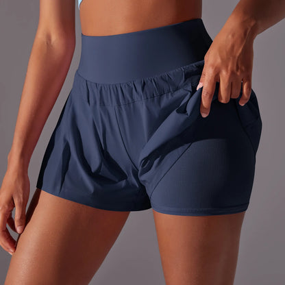 Pantaloncini da ginnastica da donna, a doppio strato, ad asciugatura rapida, per sport, fitness, jogging e allenamento, con tasca, pantaloncini sportivi aderenti