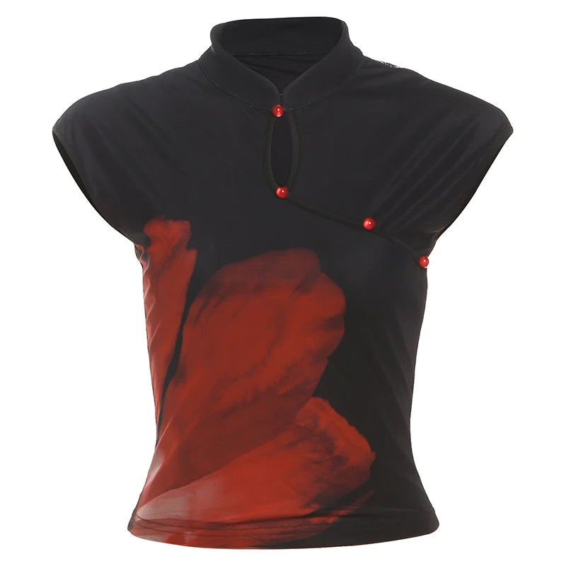 Gonna a tubino con colletto alto, elegante e casual, con motivo a fiori rossi grandi e segmentati, per ragazze ribelli