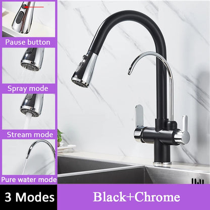 Black Filtered Faucet Brass Purifier Kitchen Faucet Dual Handle Drinking Water Vessel Sink Mixer Tap Torneira for Kitchen