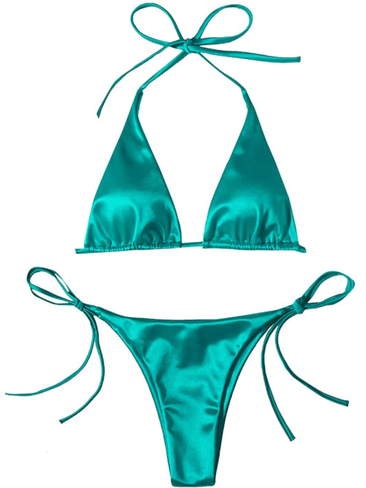 Sexy 13 Colors Halter Satin Brazilian Bikini Women Swimwear Female Swimsuit Two-pieces Bikini set Bather Bathing Suit Swim K4966
