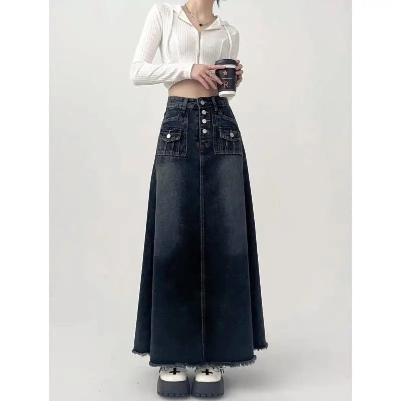Streetwear Y2k Skirt for Women 2025 Ropa Mujer High Waist A-line Vintage Jupe Fashion Casual Korean Saia Long Denim Skirts 7n185