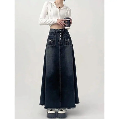 Streetwear Y2k Skirt for Women 2025 Ropa Mujer High Waist A-line Vintage Jupe Fashion Casual Korean Saia Long Denim Skirts 7n185