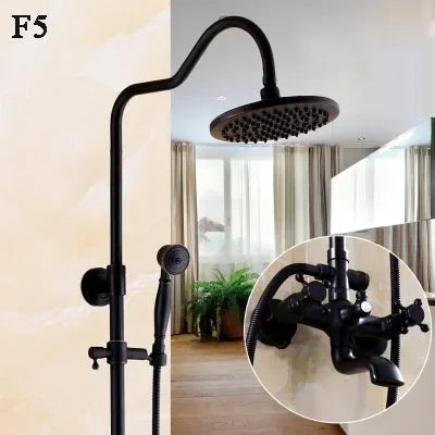 Bathroom Antique Black Painting Brass Lifting Column Wall Mount Shower Set 8" 3-Functions Hot Cold Rainfall Shower Mixer Tap