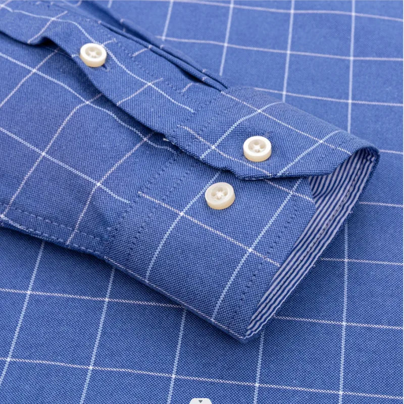 Camicia da uomo a quadri con bottoni a maniche lunghe in cotone 100%, con tasca singola sul petto, vestibilità standard, casual, stile Oxford a quadri e righe