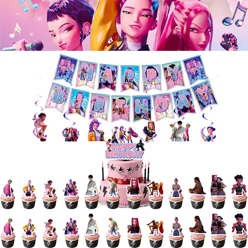 Kpop Demon Hunter Birthday Decoration Set Kpop Girl Cup Pate Happy Balloon Happy Banner Gift Bags Supplies for Kids Party Favors