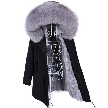 Maomaokong 2022 Giacca invernale da donna Parka lungo Impermeabile Grande pelliccia di volpe naturale vera Collo di pelliccia di procione Cappuccio Fodera in caldo coniglio