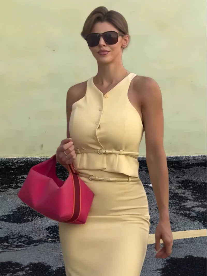 Women Fashion Suit Yellow V-Neck Sleeveless Belt Sngle Breasted Tops+High Waist Pocket Belt Long Skirts Female Summer Set JHX6