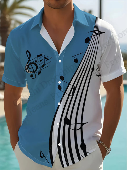 Camicie con stampa 3D di note musicali, da uomo e da donna, alla moda, a maniche corte, casual, da spiaggia, con risvolto, nuovi abiti per le vacanze