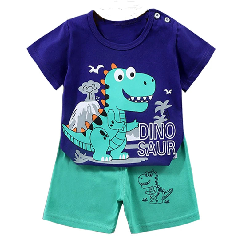 Completo pigiama 2 pezzi maglietta + pantaloncini in cotone con orsetto e dinosauro dei cartoni animati per bambini e bambine, tuta estiva casual per bambini e bambine da 1 a 4 anni