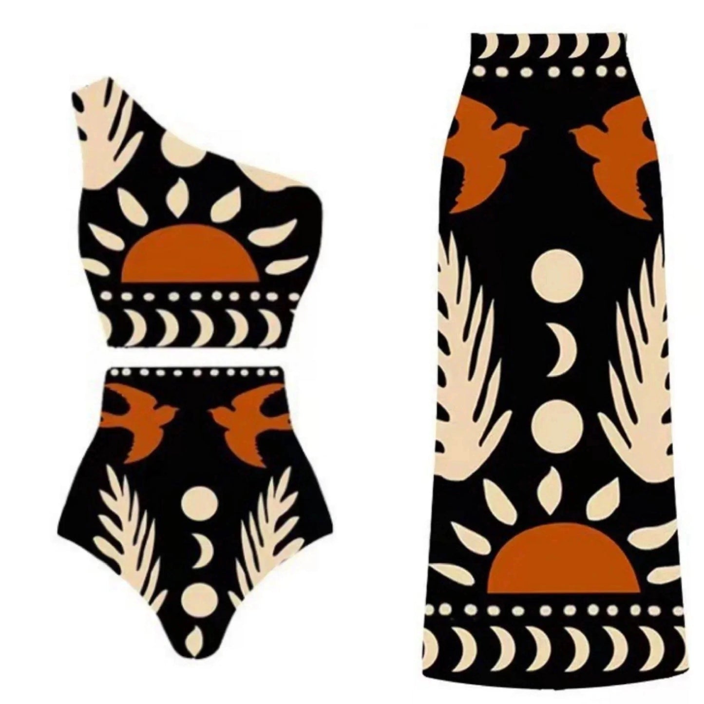 Sexy Bird Print Mesh High Waist Bikini 3 Pieces Sets Women Fashion Hollow Out One Pieces Swimwear 2024 New Beach Sarong Monokini