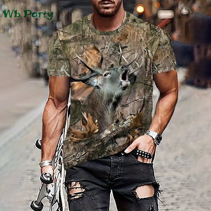 Magliette con grafica di cervi e foresta, stampa 3D, abbigliamento da uomo, girocollo estivo, pullover, magliette alla moda per uomo, top