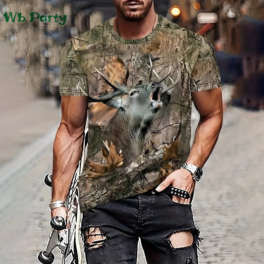 Magliette con grafica di cervi e foresta, stampa 3D, abbigliamento da uomo, girocollo estivo, pullover, magliette alla moda per uomo, top