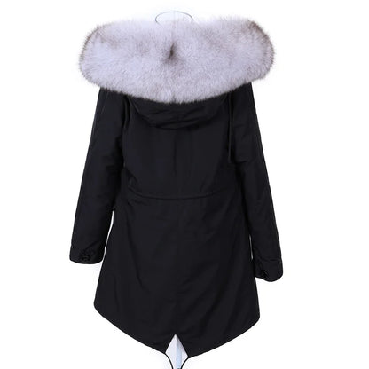 Maomaokong 2022 Giacca invernale da donna Parka lungo Impermeabile Grande pelliccia di volpe naturale vera Collo di pelliccia di procione Cappuccio Fodera in caldo coniglio