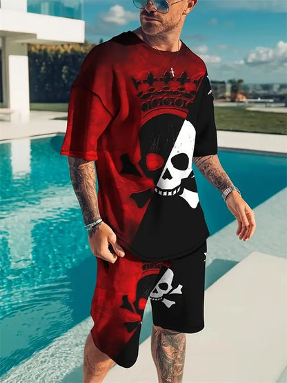 T-shirt casual a maniche corte per vacanze, pantaloncini da strada per esterni, set di pantaloncini estivi da uomo a maniche corte, set da uomo con stampa teschio, modello alla moda