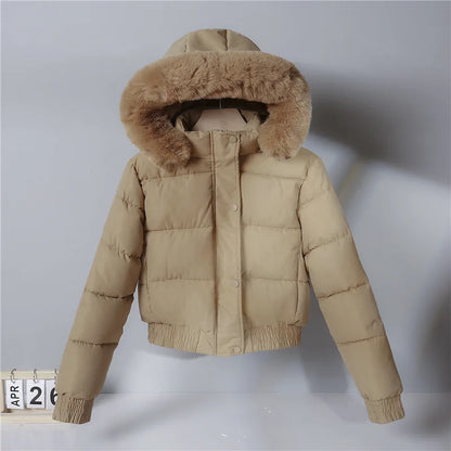 Parkas Down Jacket Women Winter Cotton Short Coat Hooded Fur Collar Office Lady Outerwear Thicken Warm Windproof Overcoat 2025