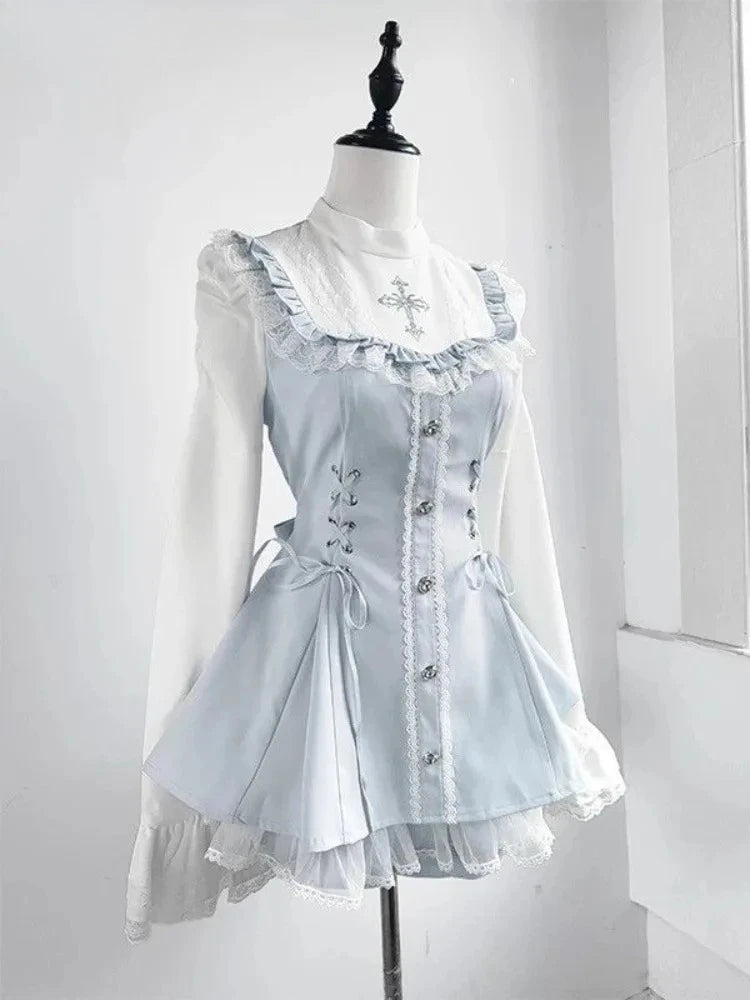 Japanese Sweet Style Bow Dress Shorts Set Women Sweet Long Sleeve Plaid Shirt Dresses Kawaii Lolita Aesthetics Y2k Dress Sets