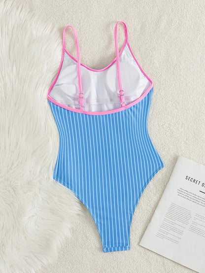 Women's Blue Striped One-Piece Swimsuit Contrast Pink Trim V Neck Spaghetti Strap High Cut Bathing Suit for Beach Pool Vacation
