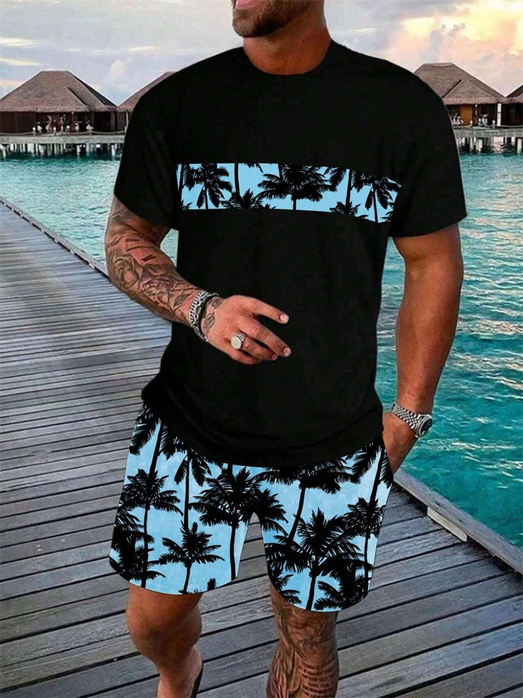 Completo da uomo estivo alla moda con stampa hawaiana di cocco 2024, composto da t-shirt, pantaloncini e tuta sportiva traspirante a due pezzi con stampa 3D a maniche corte.
