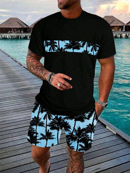 Completo da uomo estivo alla moda con stampa hawaiana di cocco 2024, composto da t-shirt, pantaloncini e tuta sportiva traspirante a due pezzi con stampa 3D a maniche corte.
