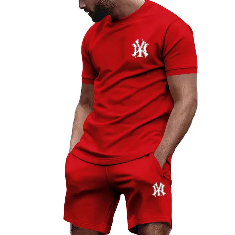 Completo sportivo da uomo a due pezzi 2026, composto da t-shirt a maniche corte e abbigliamento sportivo estivo per corsa e fitness.