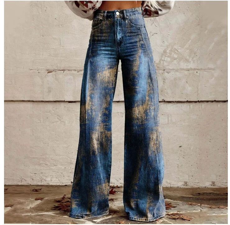 Cross-border Sale of Large-sized Women Casual Pants for European American Trade Thin Style Imitating copy Jeans Wide-leg Fashion