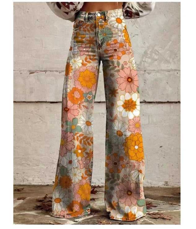 Cross-border Sale of Large-sized Women Casual Pants for European American Trade Thin Style Imitating copy Jeans Wide-leg Fashion