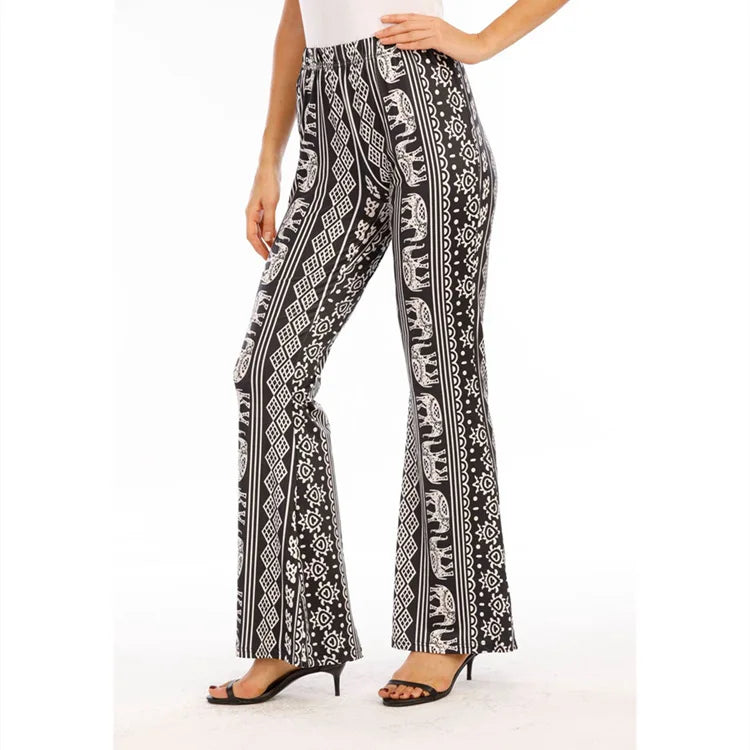 Pantaloni da donna aderenti a zampa d'elefante con stampa retrò a rose, fondo a campana grande, stile boho, stampa primavera estate, Pantalones De Mujer