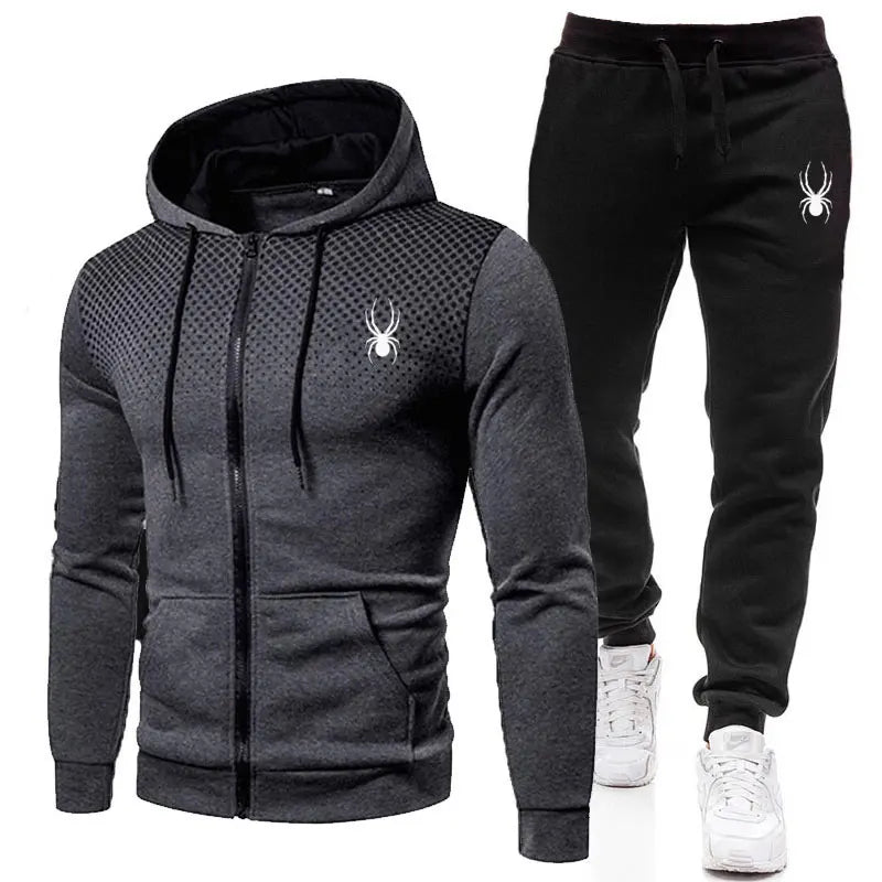 Completo uomo primavera/autunno, casual sportivo, composto da giacca con cappuccio e cerniera stampata + pantaloni, due pezzi di abbigliamento alla moda per uomo.
