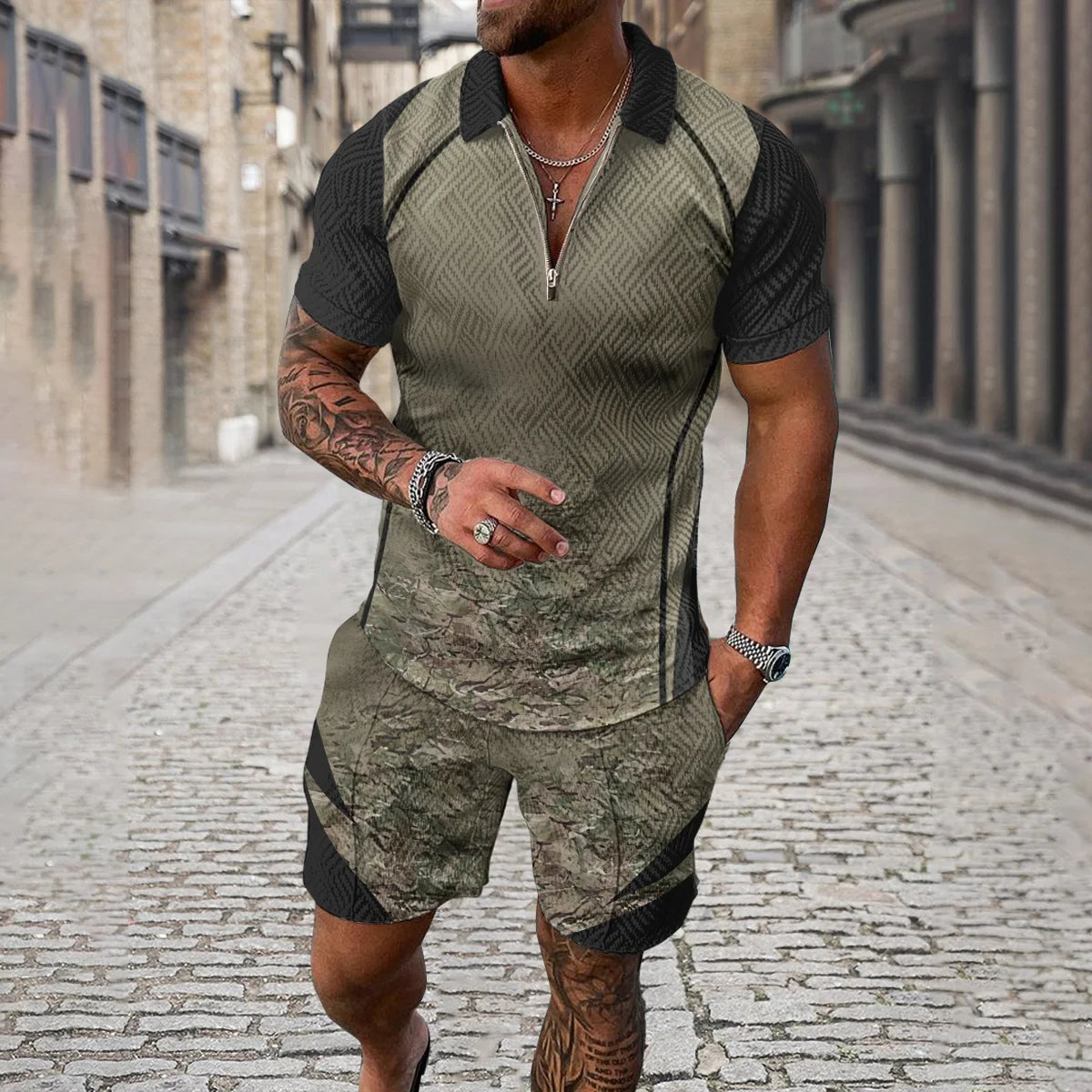 Completo estivo da uomo con stampa 3D, composto da polo con cerniera e pantaloncini, 2 pezzi, stile boho geometrico, abbigliamento per le vacanze.
