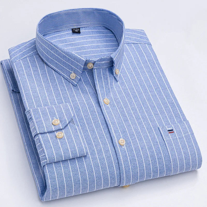Camicia da uomo a quadri con bottoni a maniche lunghe in cotone 100%, con tasca singola sul petto, vestibilità standard, casual, stile Oxford a quadri e righe