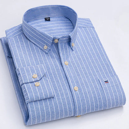 Camicia da uomo a quadri con bottoni a maniche lunghe in cotone 100%, con tasca singola sul petto, vestibilità standard, casual, stile Oxford a quadri e righe
