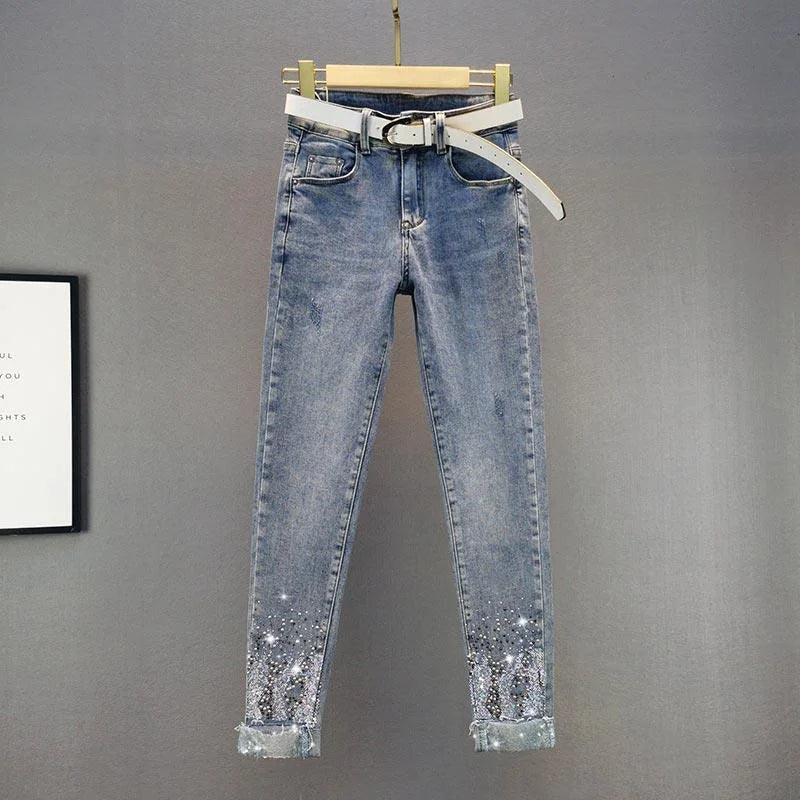 New Autumn Fashion High-Waisted Jeans Women Slim Hot Drilling Denim Pants Ladies Casual Wild Pencil Cowboy Pants Female Trouser