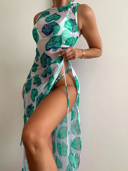 Bikini da donna a tinta unita con stampa, set da 3 pezzi, sexy, aderente, a vita bassa, in rete, con coulisse, stile split.