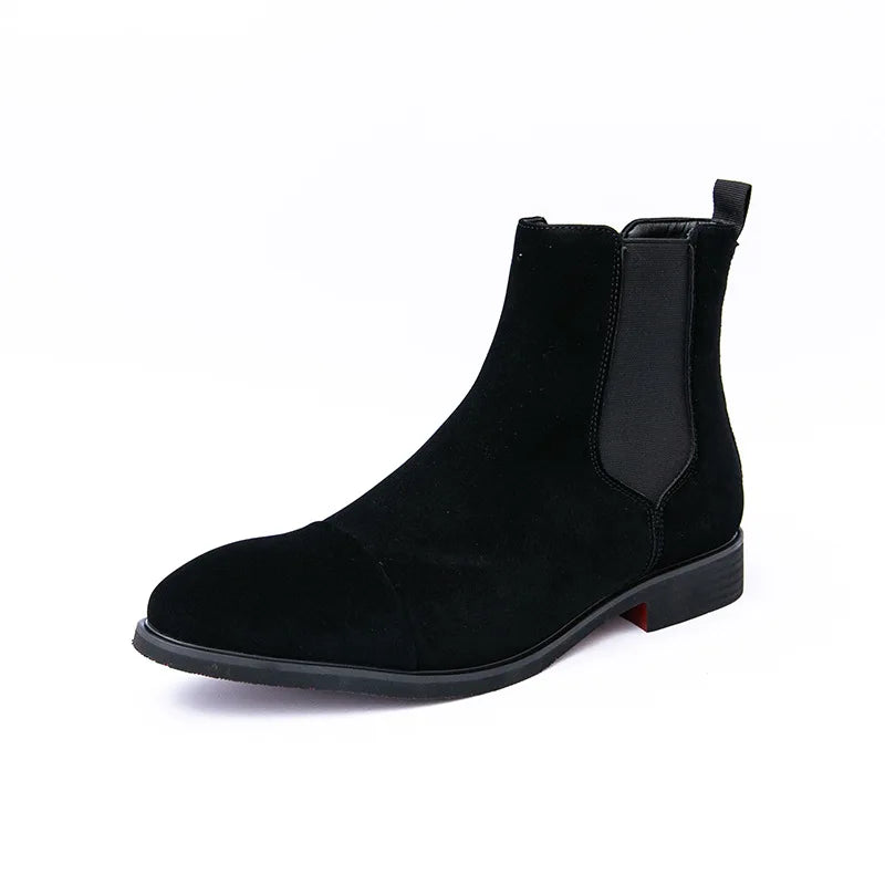 Stivali Chelsea da uomo con suola rossa, scarpe eleganti nere da uomo con punta a punta, stivali corti da uomo alla moda in Inghilterra.