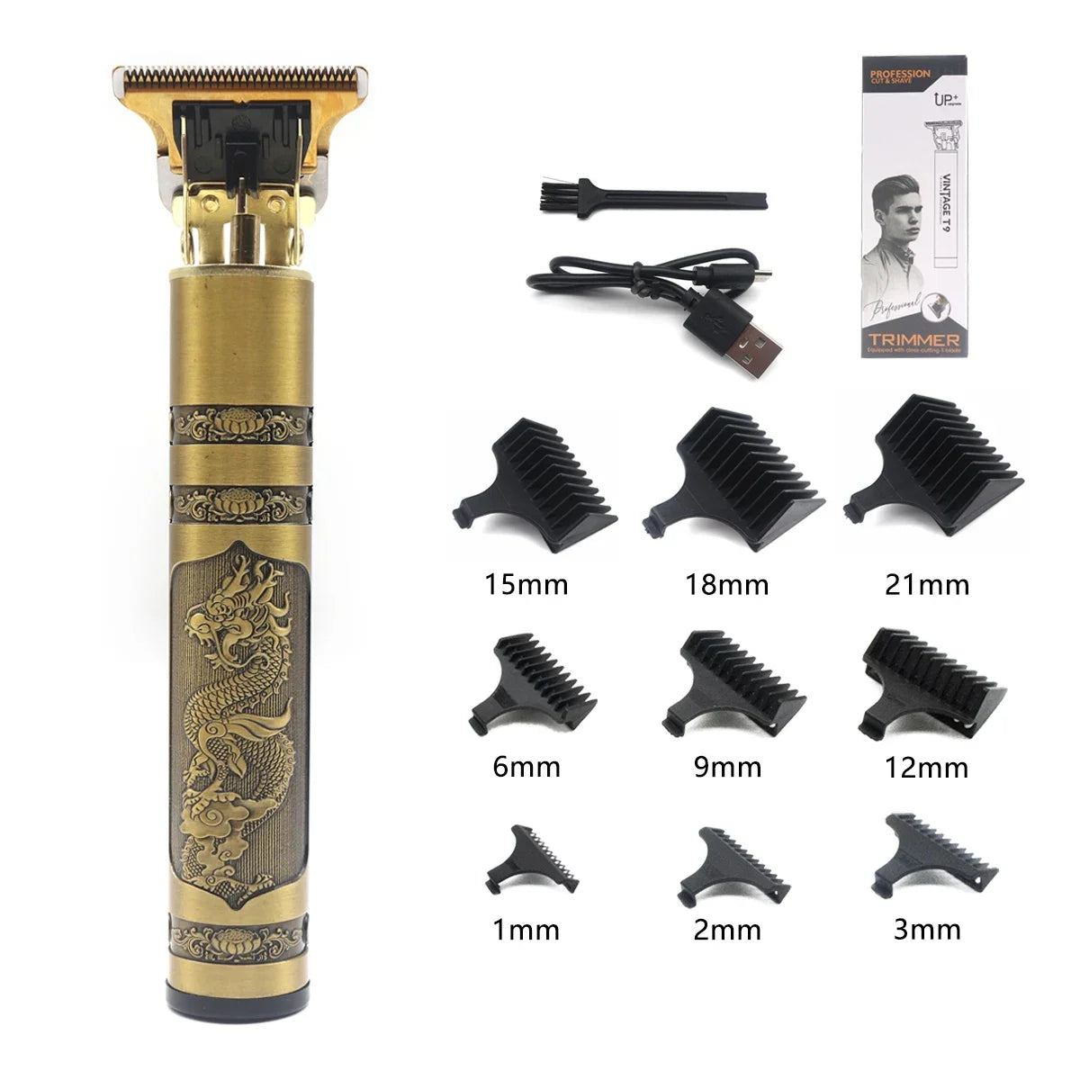 Professional T9 Hair Trimmer Stainless Steel Blade Metal Body with 9 Optional Limit Combs Cordless for Hair Beard Trimming