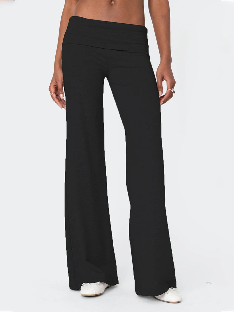 Women's Casual Baggy Pants Solid Wide Leg Sweatpants for Women Fold Over Low Rise Flare Yoga Lounge Pants