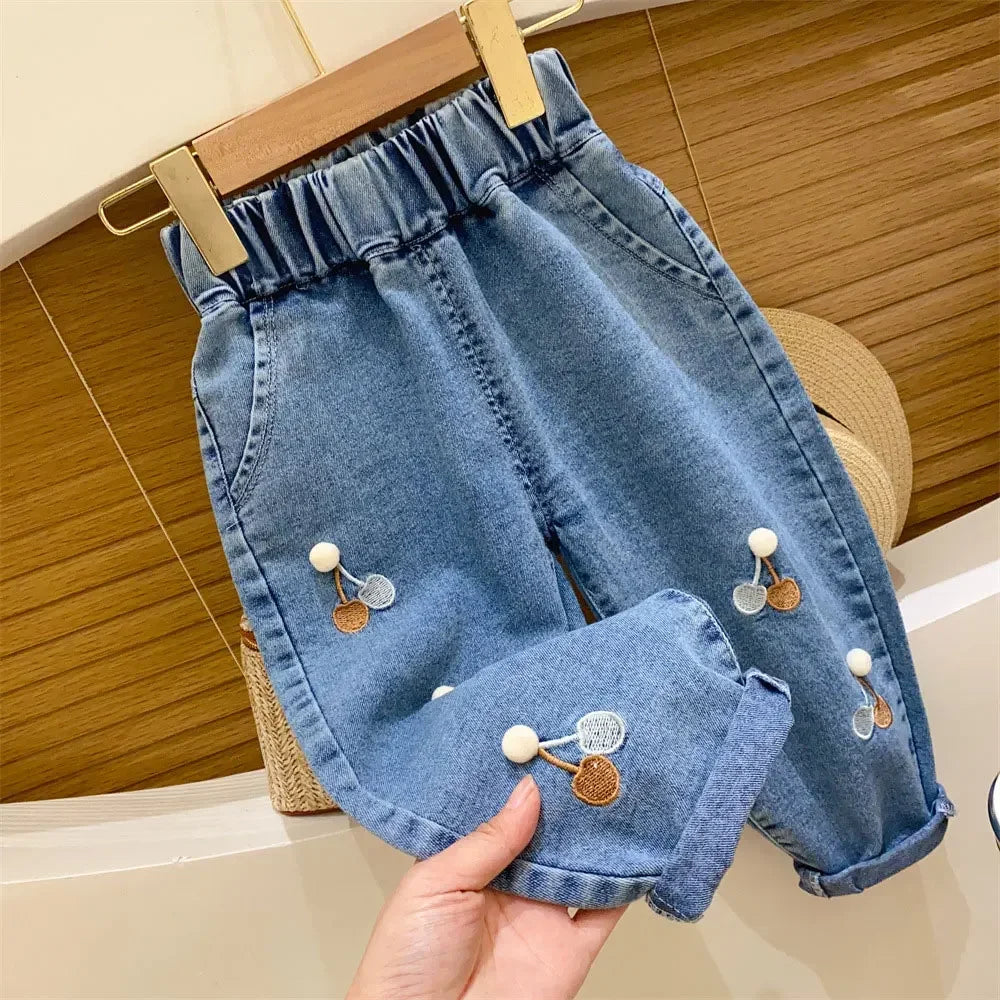 Jeans ricamati con fiori per bambina, jeans per bambini, pantaloni per bambina, pantaloni a gamba larga Daduhey, pantaloni harem, pantaloni per vestiti