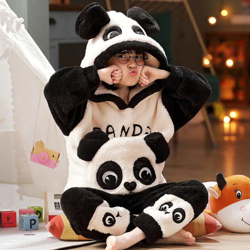 Pigiama invernale caldo per ragazzi con animali dei cartoni animati, set pigiama per bambini in pile di corallo, completo da casa in flanella con cappuccio, pigiama per ragazzi