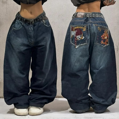 2024 Nuova tendenza americana 2024 Jeans larghi con ricamo hip-hop retrò per uomo e donna Y2K Harajuku Gothic Streetwear