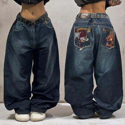 2024 Nuova tendenza americana 2024 Jeans larghi con ricamo hip-hop retrò per uomo e donna Y2K Harajuku Gothic Streetwear