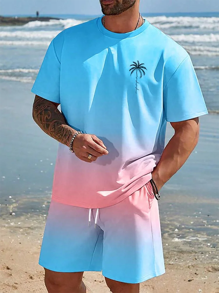Completo estivo casual da uomo composto da 2 pezzi: pantaloncini a maniche corte con stampa hawaiana, t-shirt da uomo e pantaloncini da spiaggia per sport all'aria aperta.
