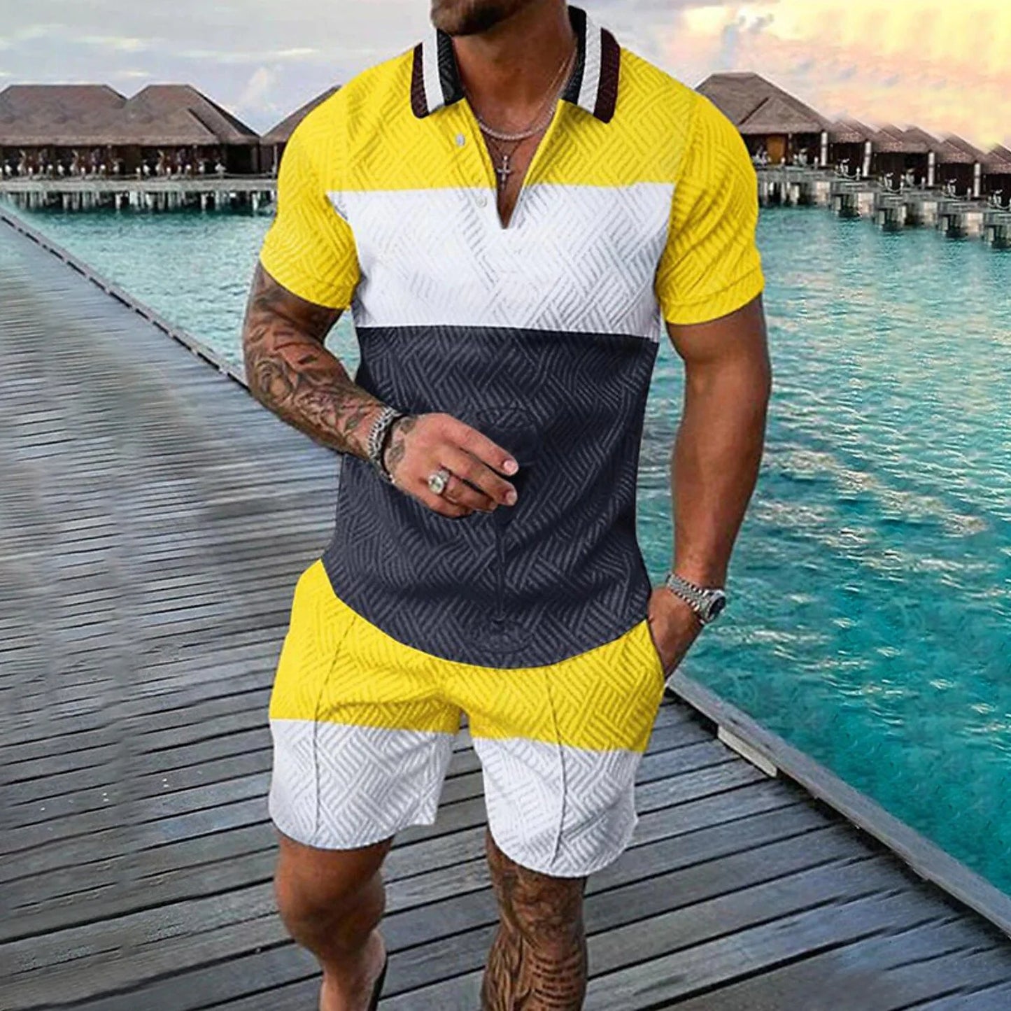 Completo estivo da uomo con stampa 3D, composto da polo con cerniera e pantaloncini, 2 pezzi, stile boho geometrico, abbigliamento per le vacanze.