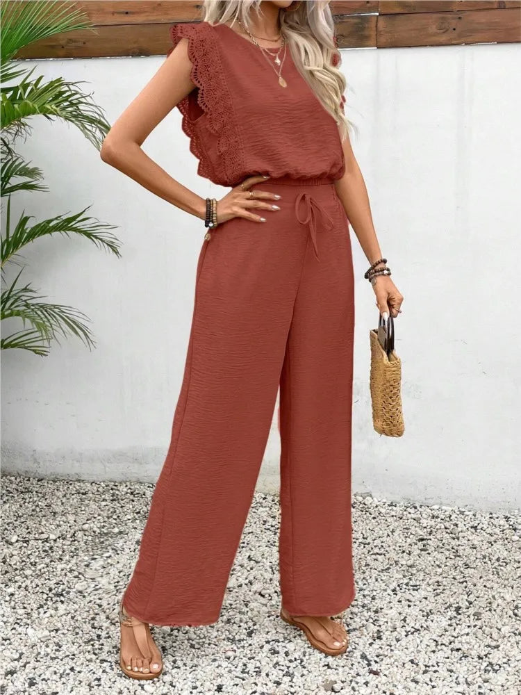 Pantaloni da donna in tinta unita, stile casual primaverile, due pezzi, 2025, pantaloni estivi con scollo rotondo e maniche corte, set versatili per le donne