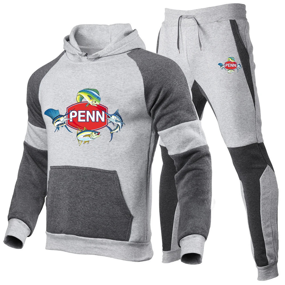 Penn Fishing Reel 2023 Men New Sets Spring and Autumn Brand Popular Print Fashion Color Matching Hoodie + Pants Two-piece Set